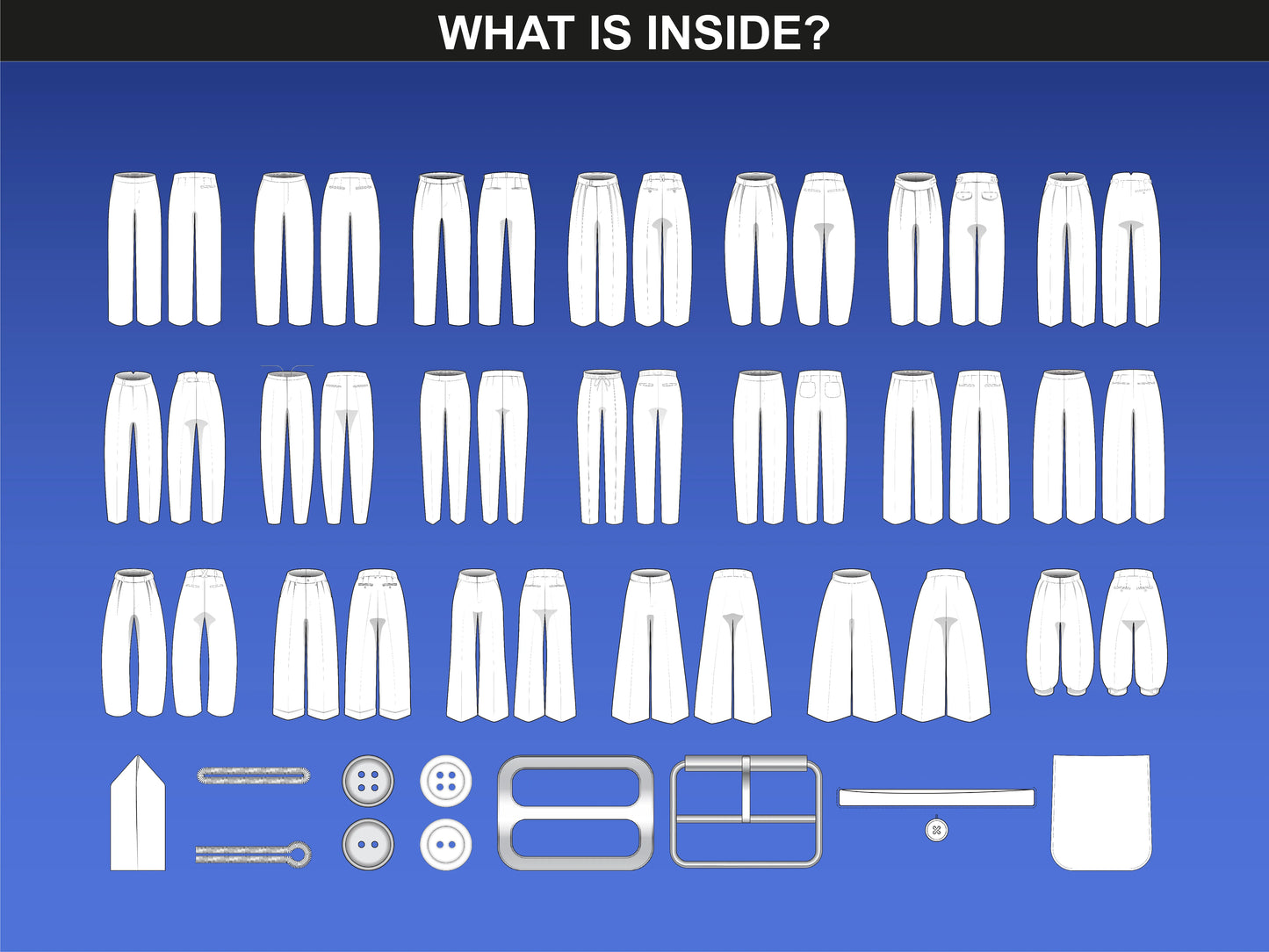 FUPstudio pants mockups overview with 50 trousers templates and bonus garment parts included