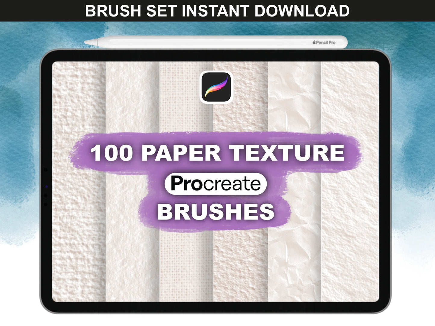 Cover image for Paper Texture Brushes, iPad mockup with “100 Paper Texture Procreate Brushes” instant download, by FUPstudio.
