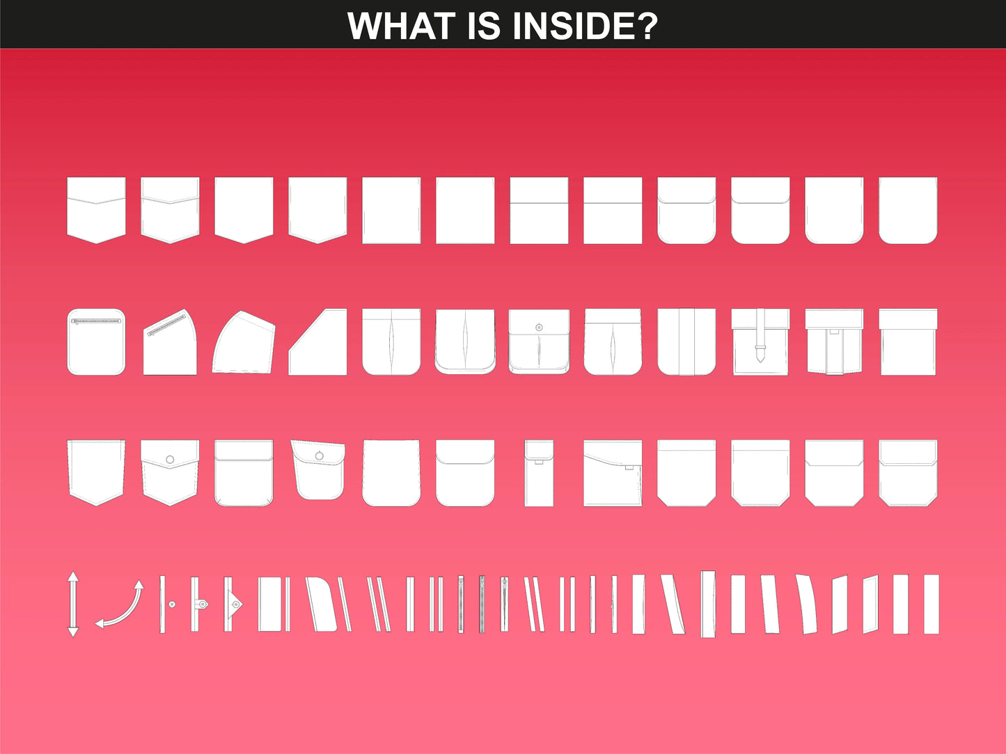 A detailed preview of the pocket mockups included in the FUPstudio bundle, featuring various pocket styles and components.