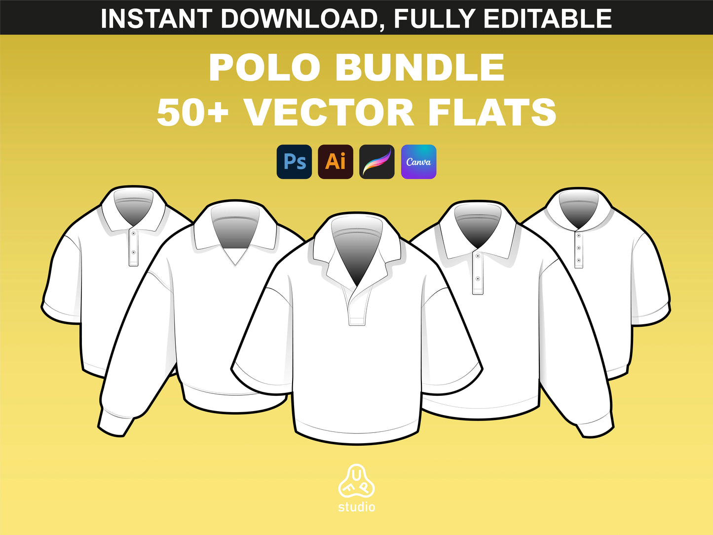 Vector front view of five polo mockups in flat style, by FUPstudio