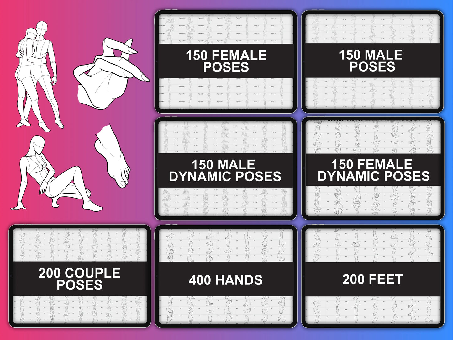 fupstudio full overview of the Poses Bundle with 1400 Procreate poses stamps by category