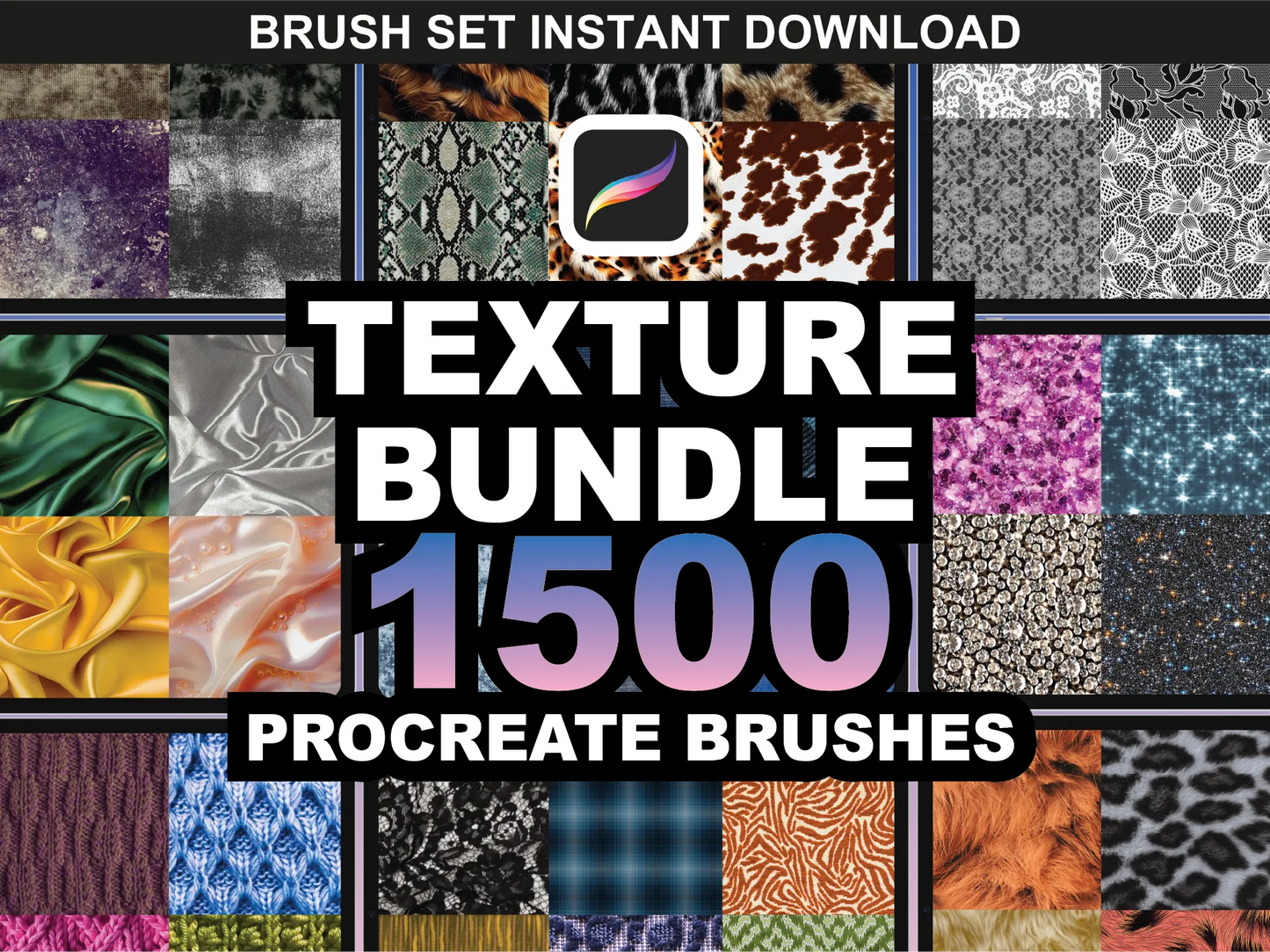 fupstudio Texture Brushes bundle preview showing various fabric and skin patterns for Procreate