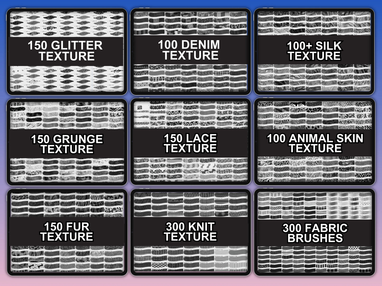 fupstudio Texture Brushes pack overview showing 1500 Procreate textures including denim, silk, glitter and more