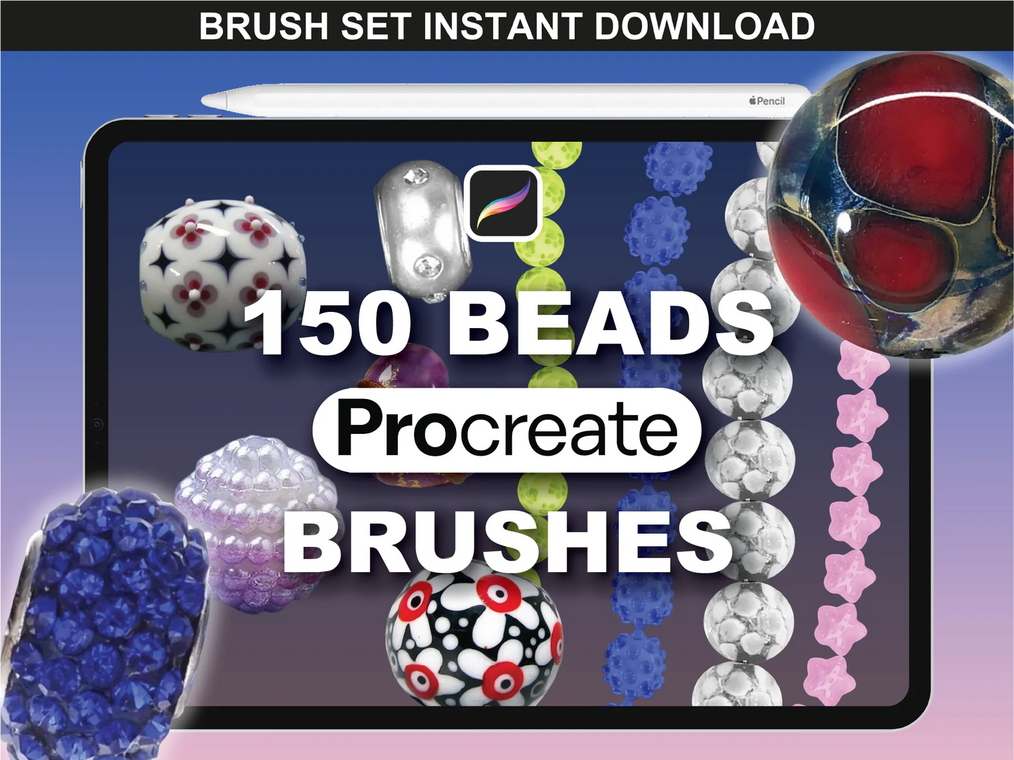 FUPstudio Beads Brushes for Procreate featuring realistic pearl, gem, and crystal stamp previews.