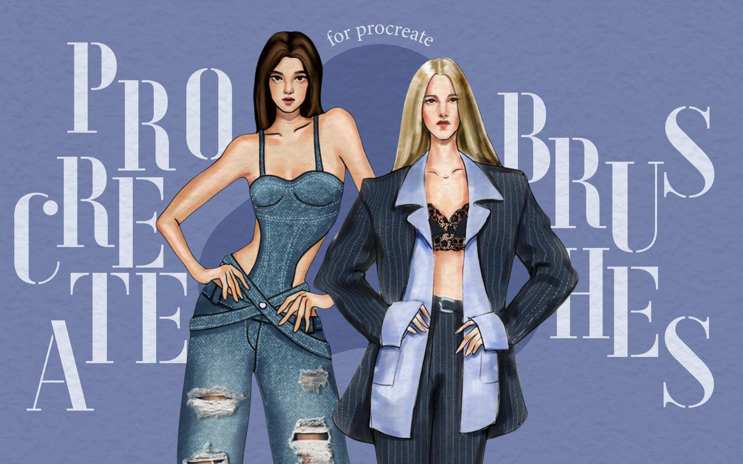 FUPstudio Procreate brushes collection cover with two fashion illustrations, denim and tailoring outfits, promoting Procreate brushes for fashion illustration and clothing design.