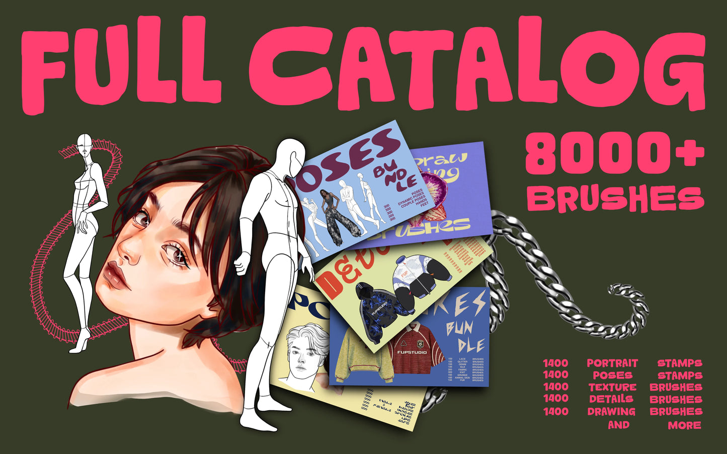 FUPstudio Procreate Full Access Bundle cover showcasing 8000+ brushes across Portrait Stamps, Poses Stamps, Textures Brushes, Details Brushes and Drawing Brushes libraries