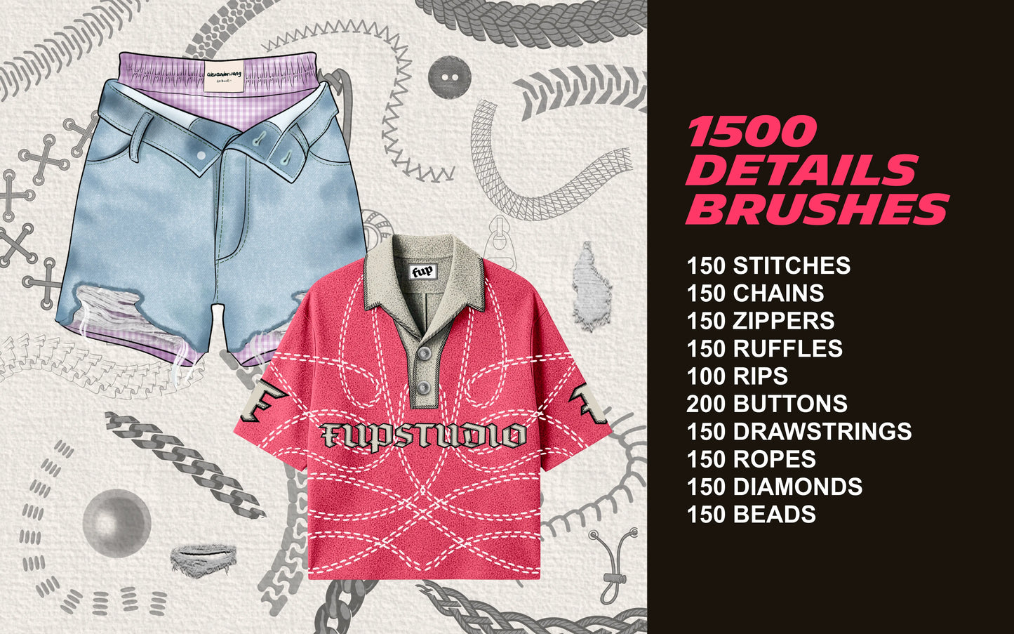 FUPstudio Procreate Full Catalog Bundle preview showing 1500 Details Brushes with floral jacket illustration