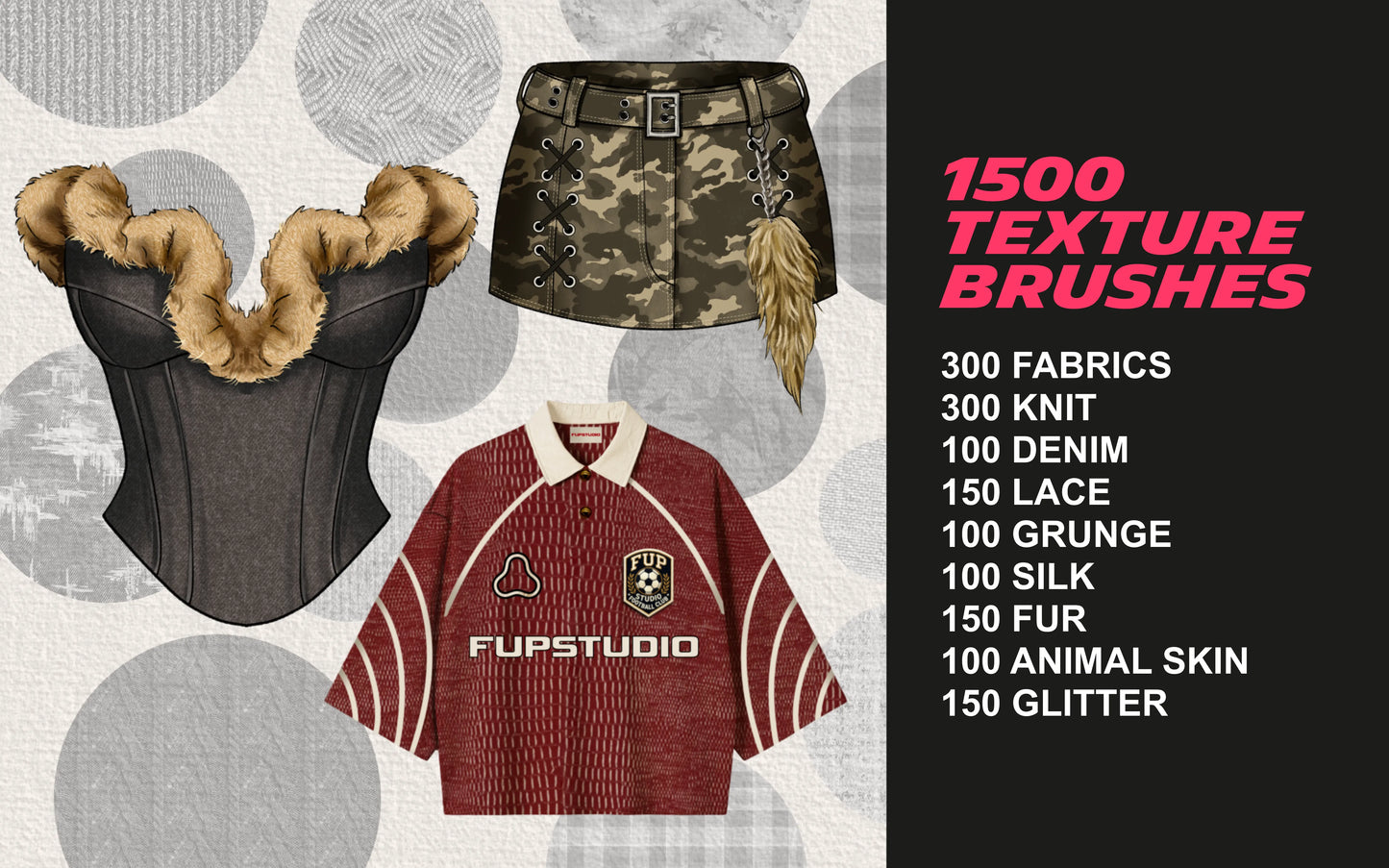 FUPstudio Procreate Full Catalog Bundle preview showing 1500 Textures Brushes with hoodie and vest fabric illustrations