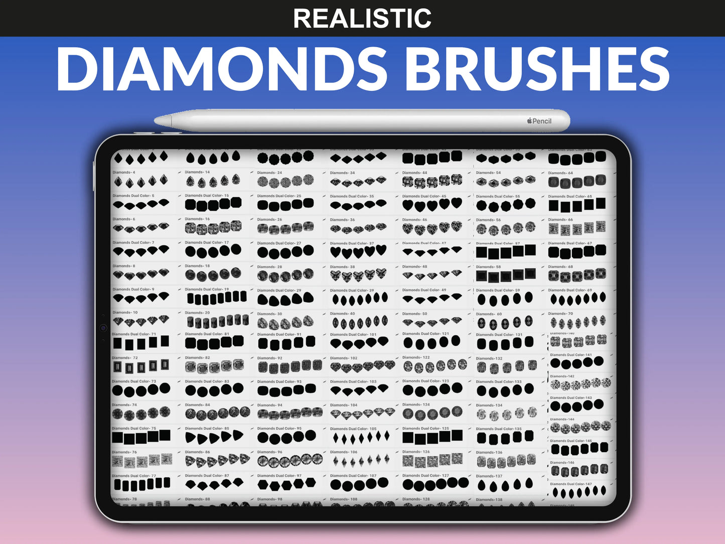 FUPstudio diamond brushes overview showing all gem shapes and textures for Procreate
