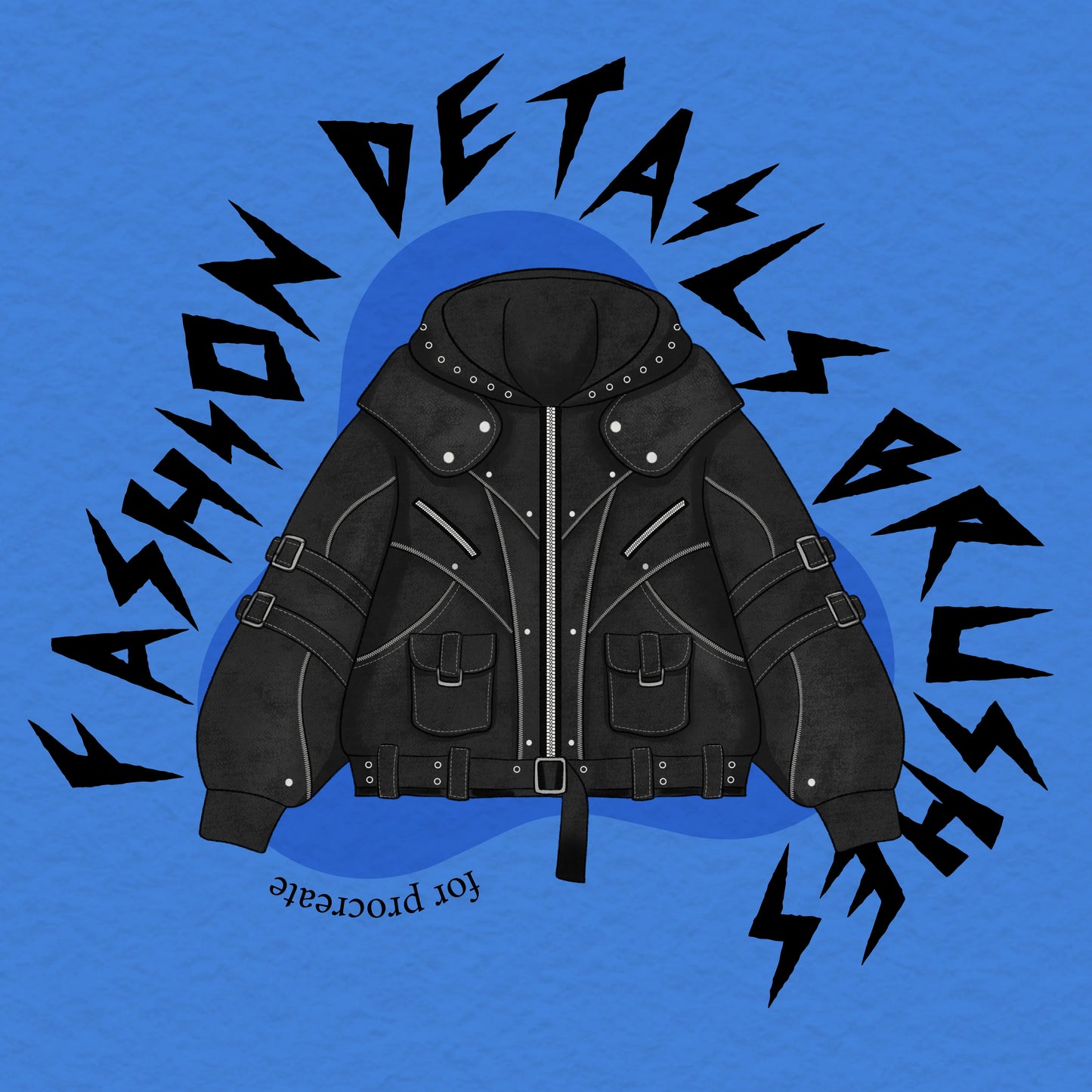 FUPstudio Procreate fashion details cover featuring a black leather jacket illustration, showcasing Procreate brushes for fashion illustration details, seams, zippers, and tech pack style clothing design.