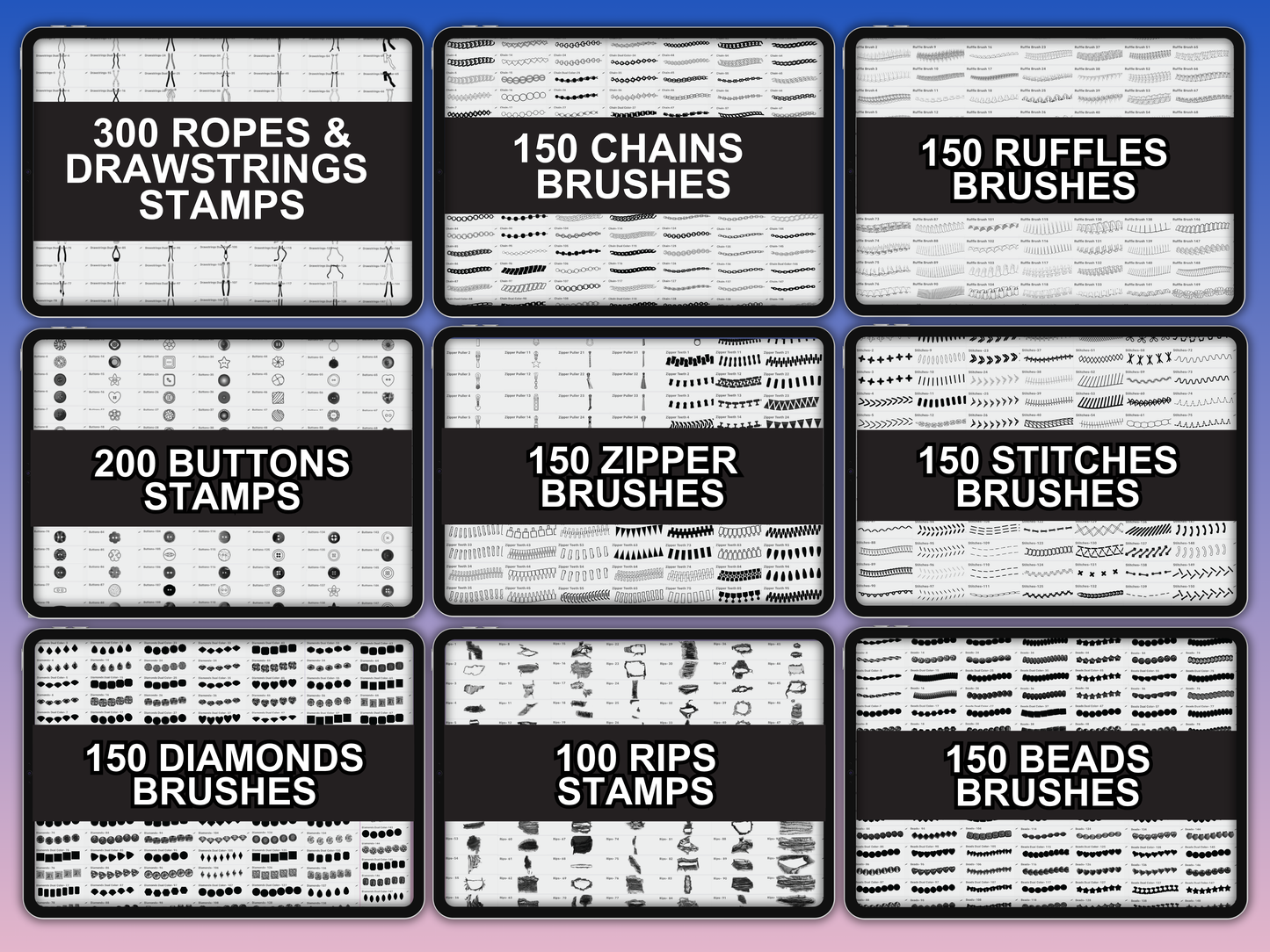 Full overview of all brushes included in the FUPstudio Fashion Details Bundle