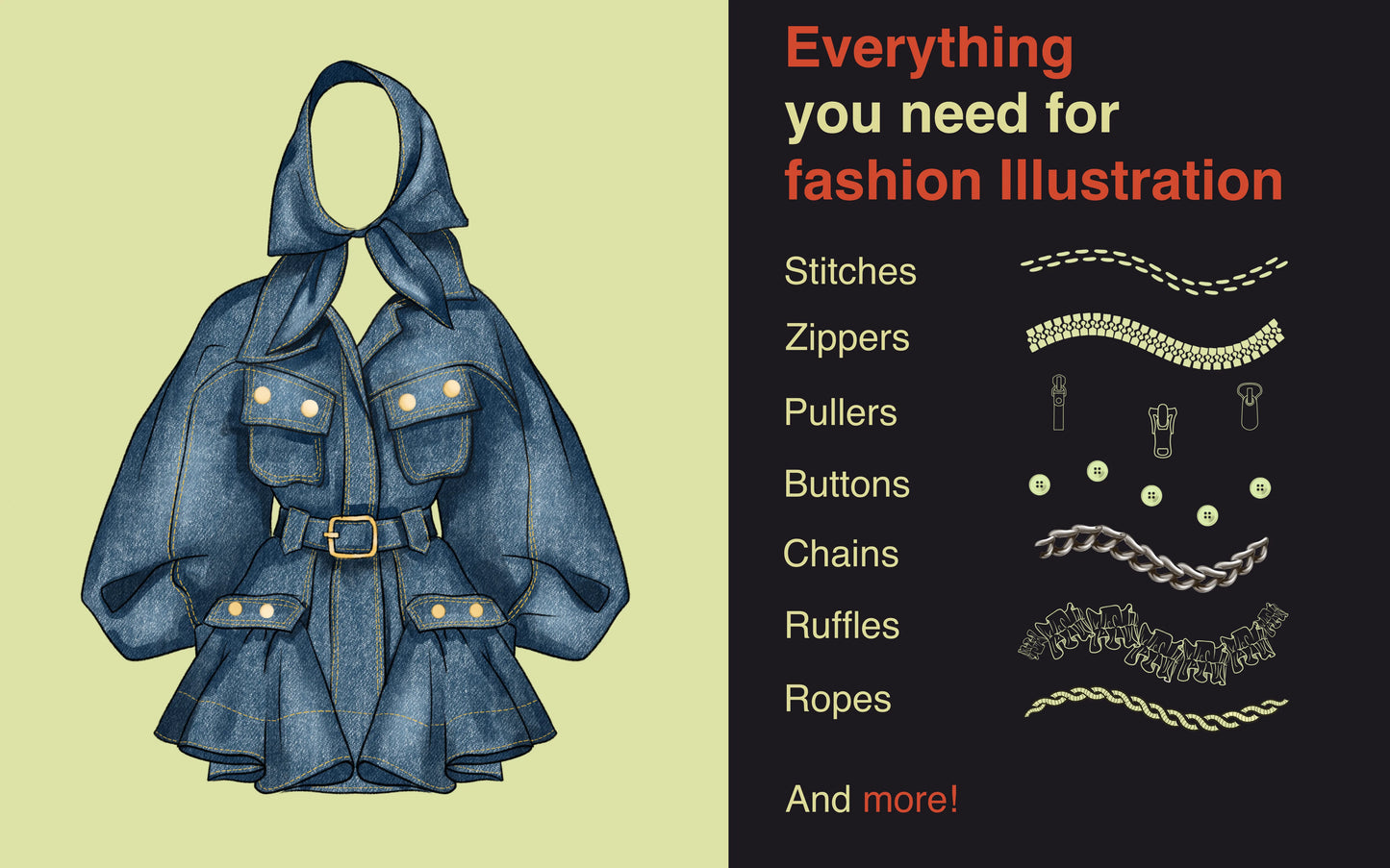 Denim dress with bow scarf rendered in Procreate using FUPstudio Details Bundle, listing stitches, zippers, pullers, buttons, chains, ruffles and ropes