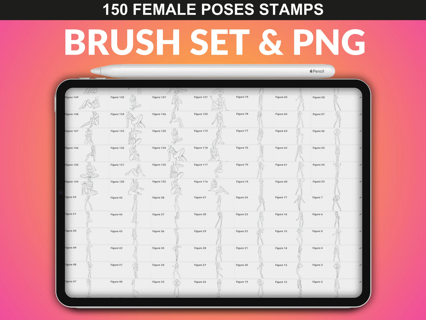 150 Female Poses Procreate Brush Set & PNG – Ready-to-use figure stamps for digital artists and fashion designers.