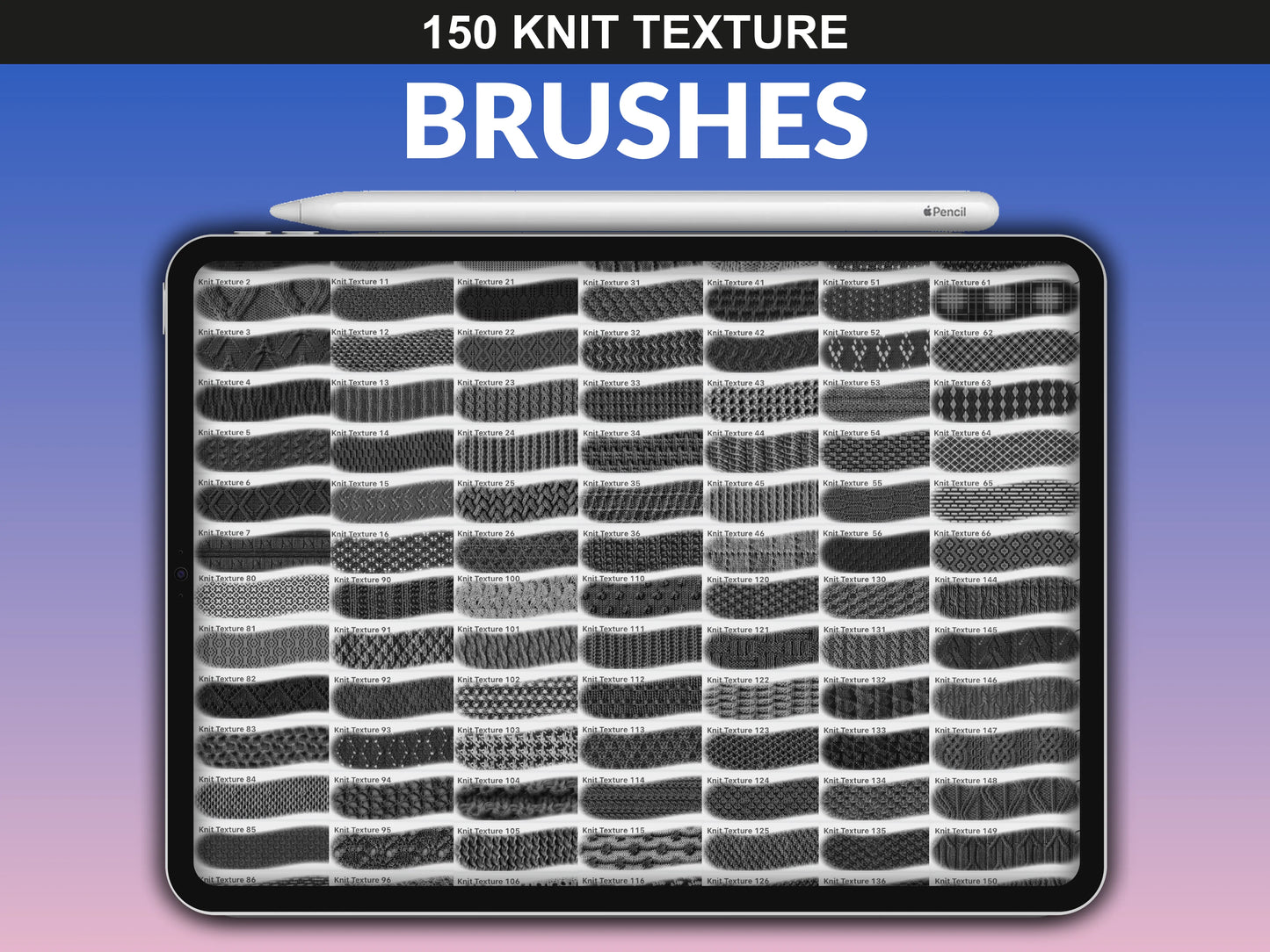 fupstudio Knit Texture Brushes set showing 150 pattern thumbnails in black and white for Procreate
