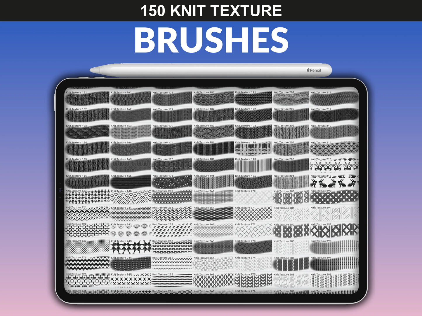 fupstudio Procreate knit texture brushes showing brush list on iPad