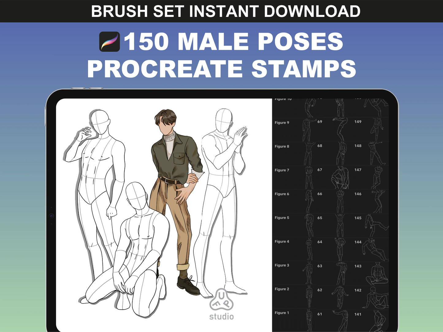 FUPstudio Male Poses Procreate Stamps – 150 hand-drawn figure templates for digital artists and illustrators.
