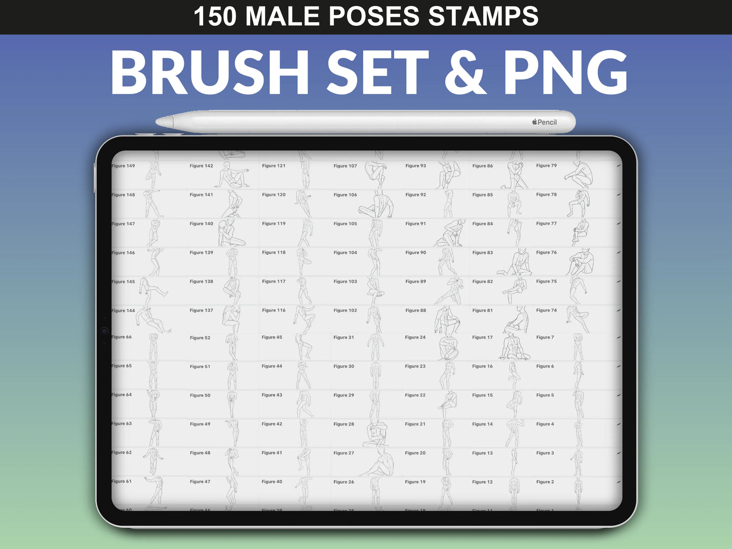 150 Male Poses Procreate Brush Set & PNG – Sketch-ready figure stamps for illustrators, character designers, and artists.