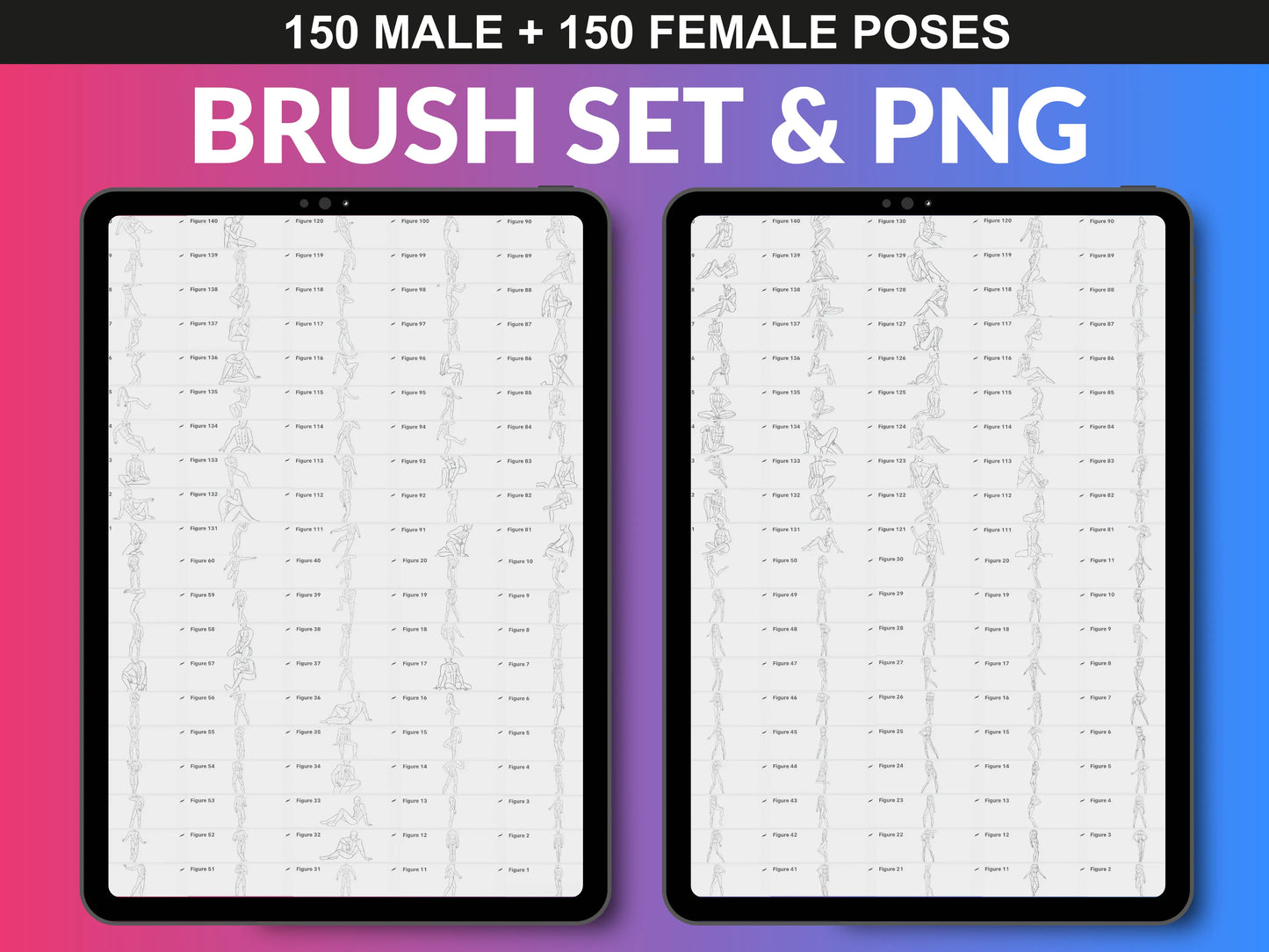 300 Body Poses Procreate Brush Set & PNG – 150 male + 150 female pose stamps for character and fashion design.