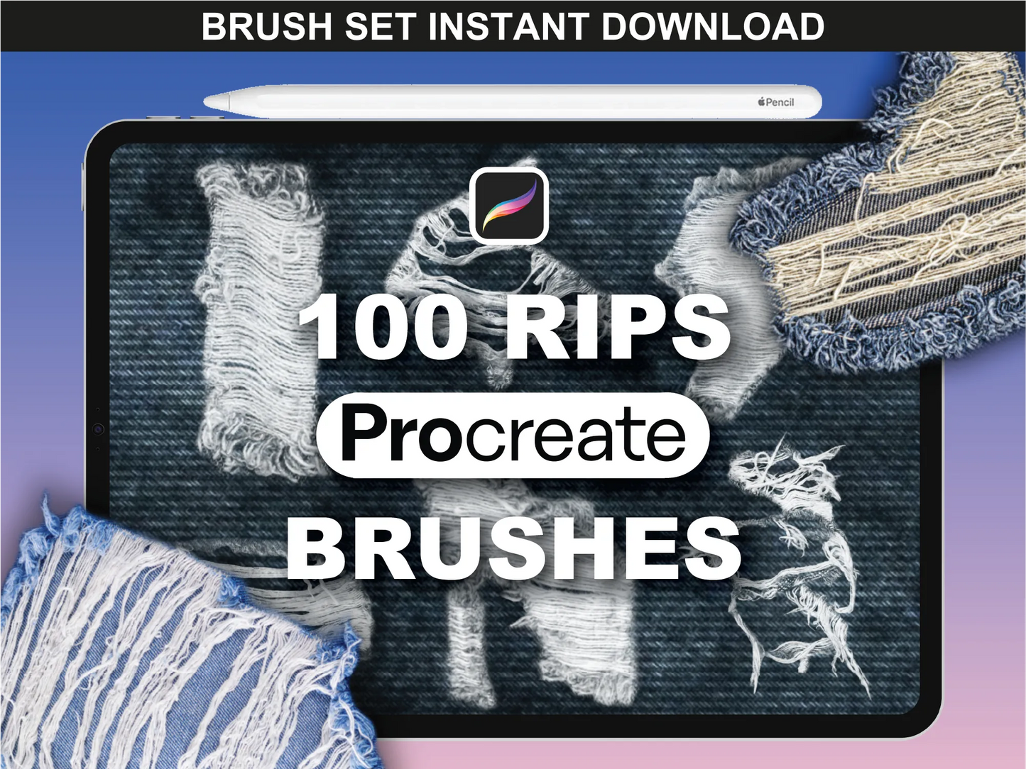 Procreate Rips Brushes by FUPstudio with realistic torn fabric stamps for fashion illustration and texture design