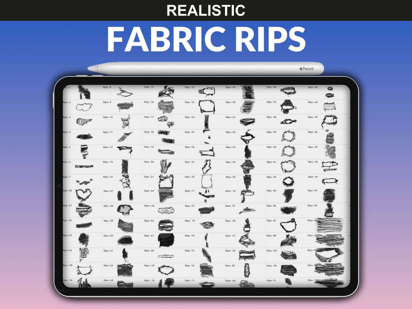 Overview of all FUPstudio Procreate Rips Brushes – full preview of included torn and distressed fabric stamps