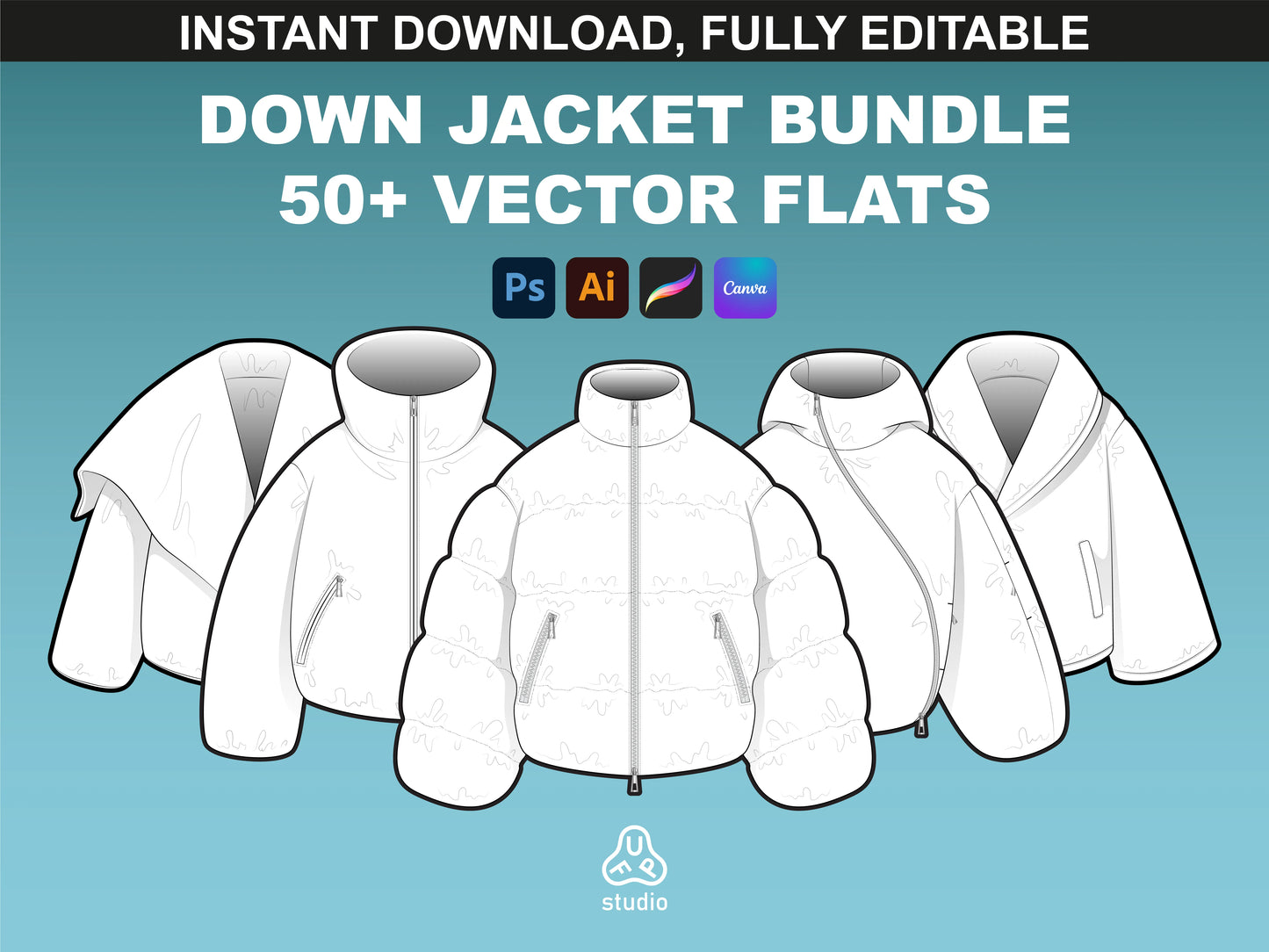 fupstudio puffer jacket mockups front view vector flats for tech packs and fashion design