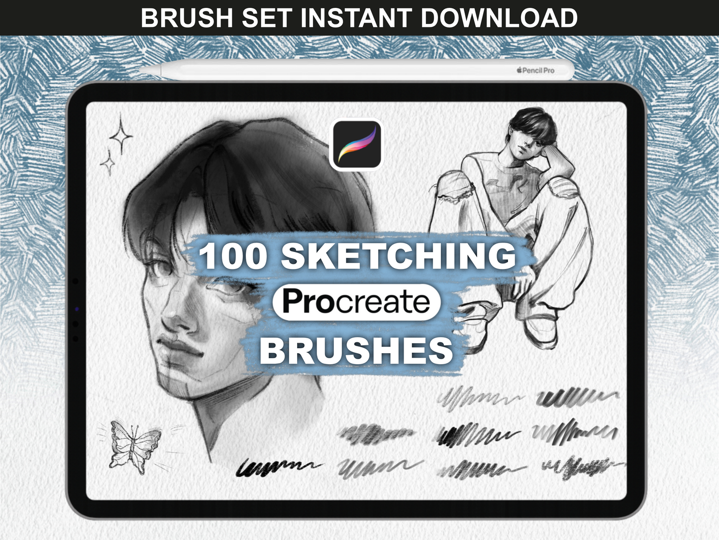 iPad displaying two sketches with brush samples – Procreate Sketching Brushes by FUPstudio