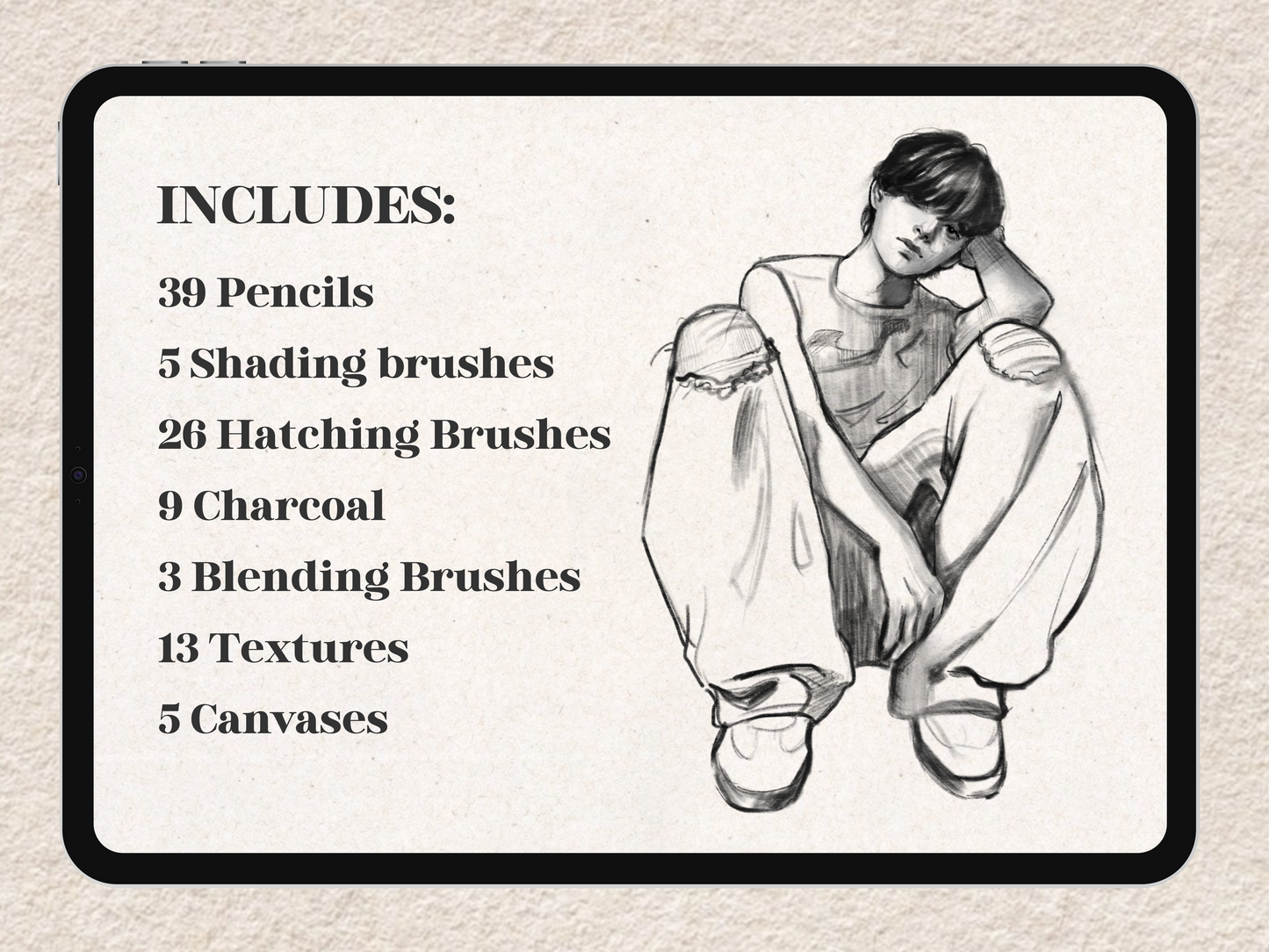 Full content overview of FUPstudio Procreate Sketching Brushes with character sketch and brush categories