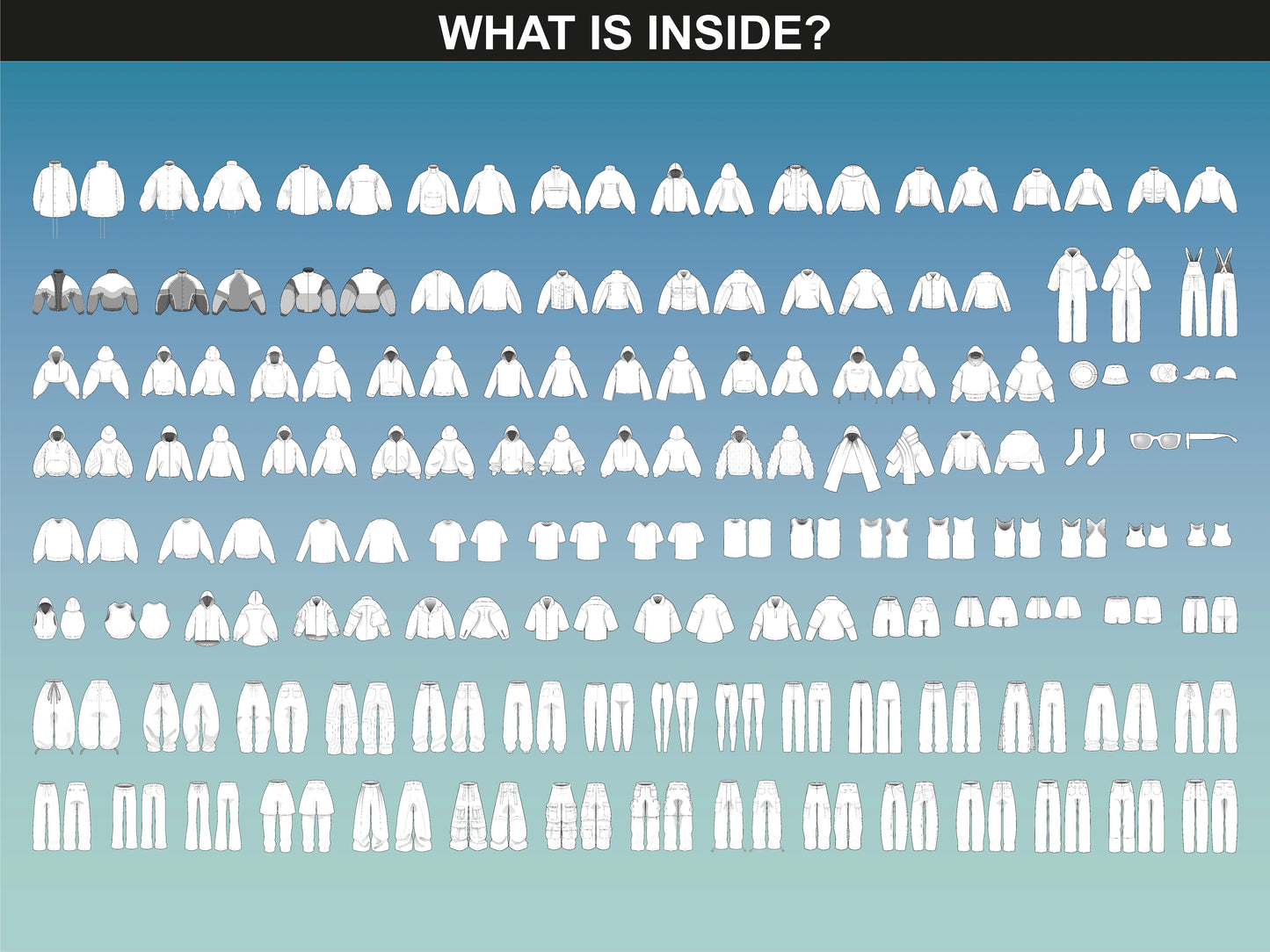 Preview of 200+ vector flats included in FUPstudio’s Streetwear Mockups Bundle.