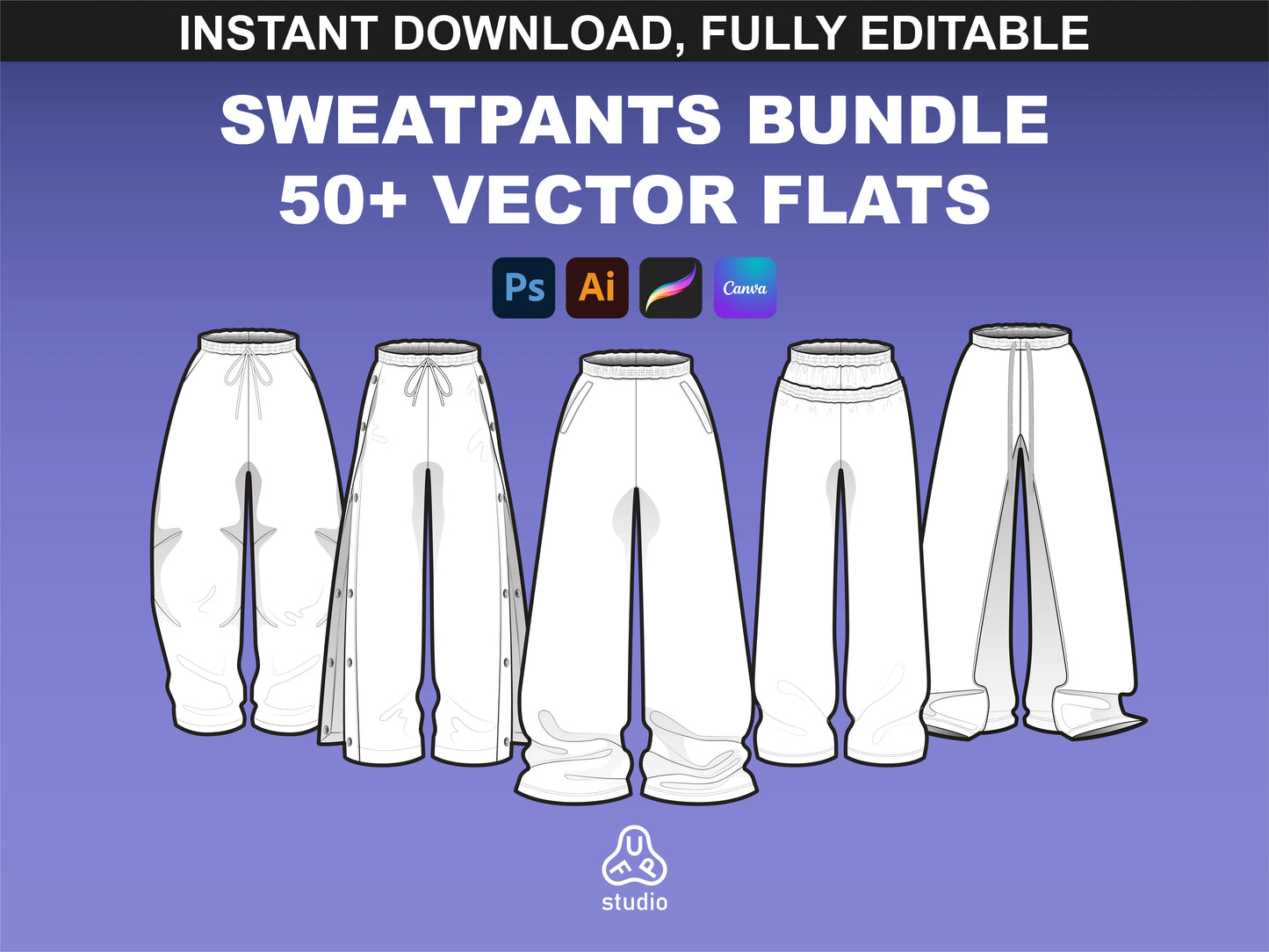 Collection of technical vector flats of sweatpants styles in FUPstudio Sweatpants Mockups Bundle.