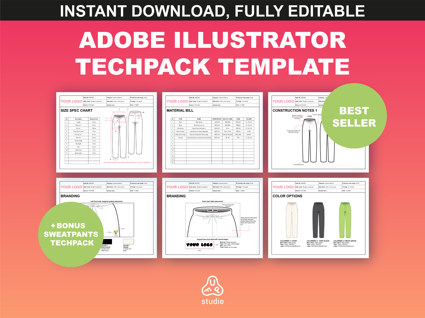 fupstudio Sweatpants Tech Pack overview with editable Adobe Illustrator template for fashion design