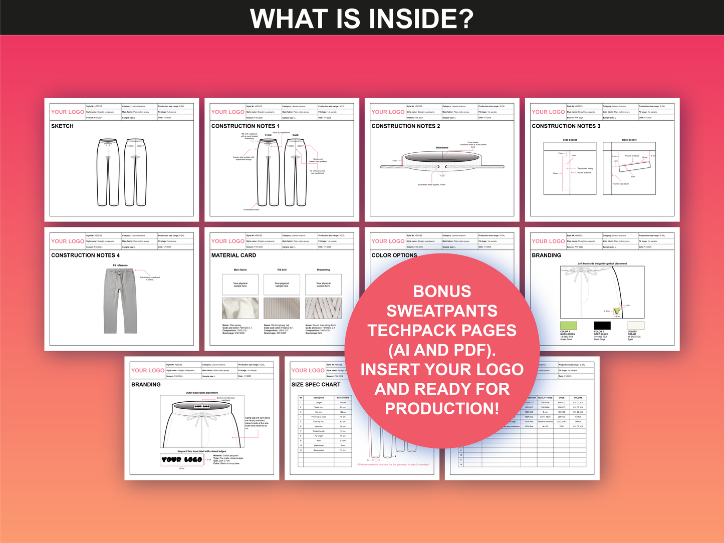 fupstudio Sweatpants Tech Pack showing all included editable AI and PDF pages for technical garment design