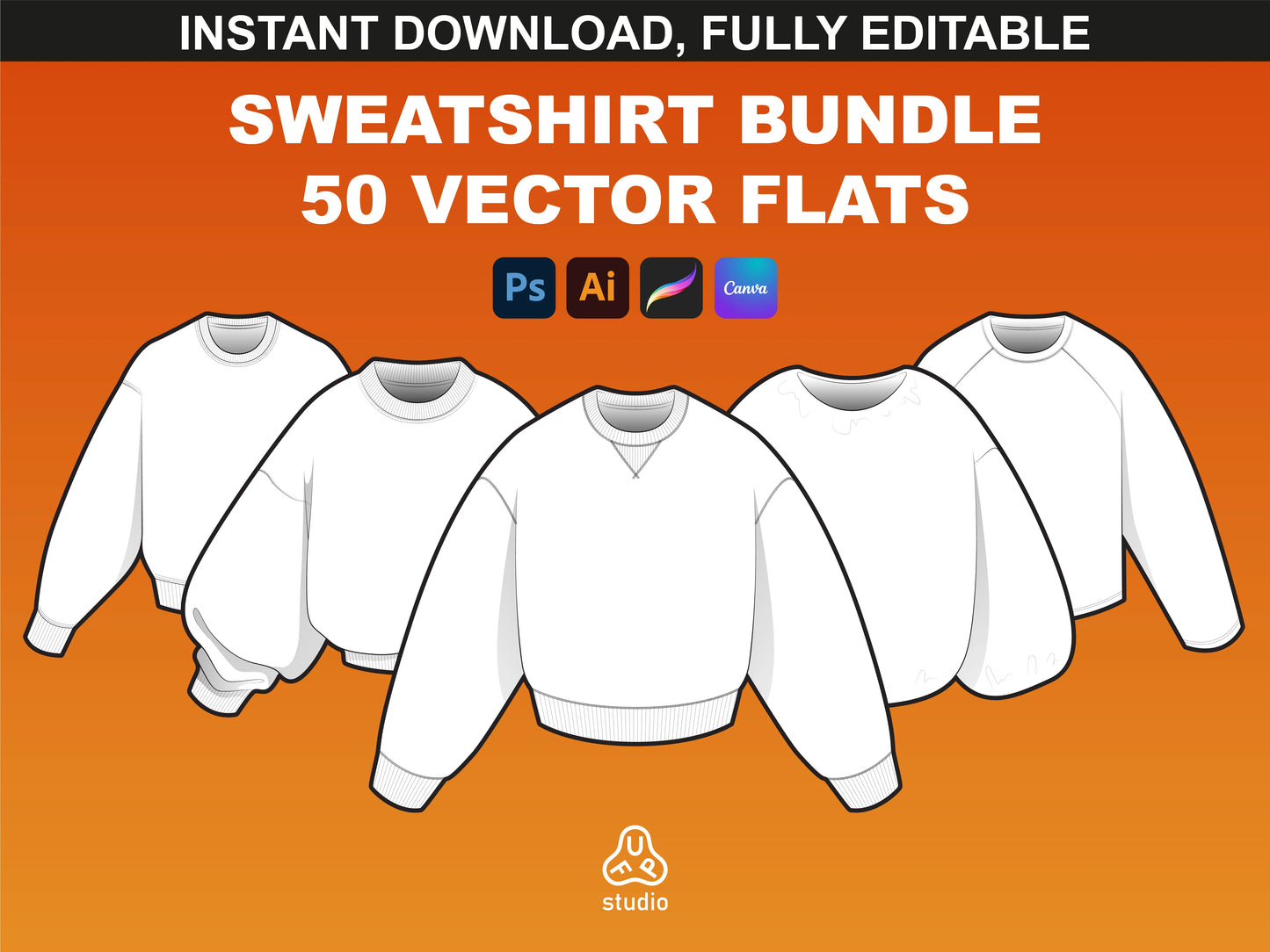 FUPstudio Sweatshirt Mockups Bundle with 50 editable vector flats for streetwear and fashion collections
