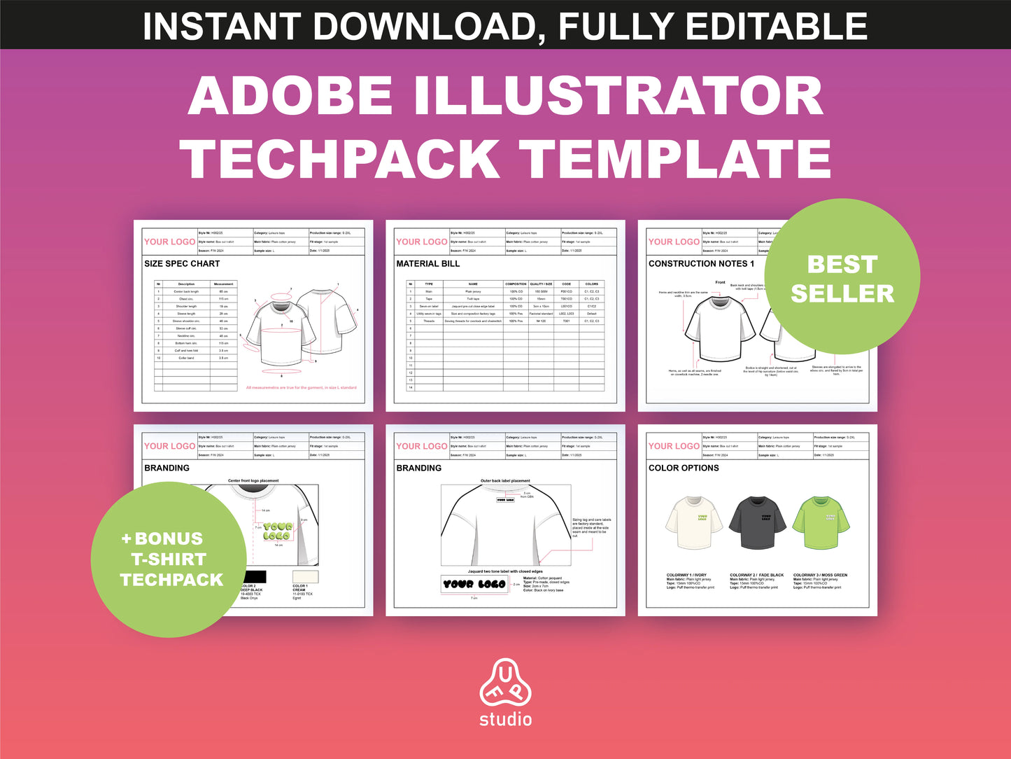 A showcase of the editable T-Shirt Tech Pack Template with a best-seller badge.