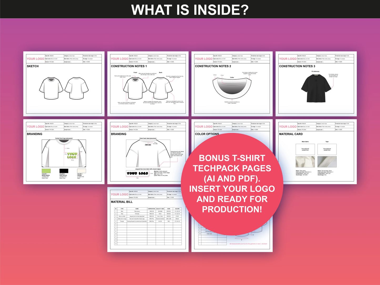 Display of additional T-Shirt Tech Pack pages featuring sketches, branding, and material details.