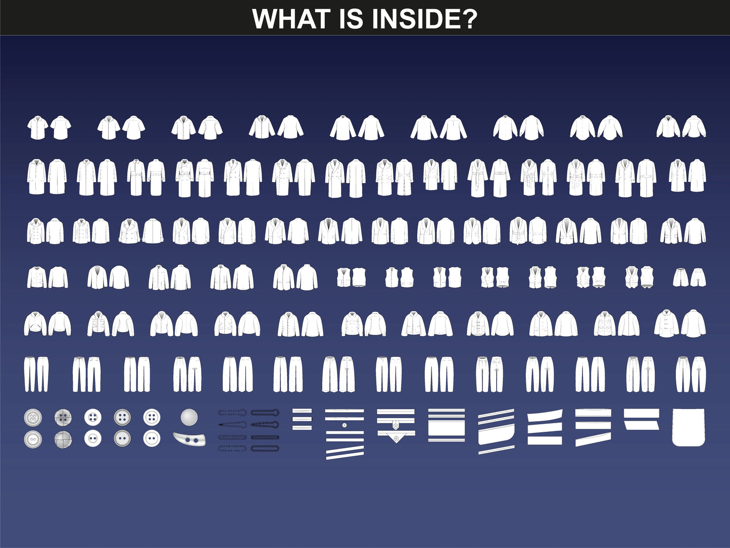 What's inside the Tailoring Mockups bundle by FUPstudio – full vector overview of coats, pants, jackets