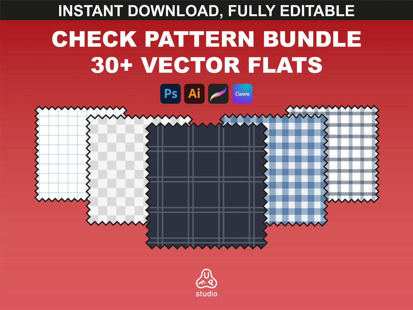 A preview of the FUPstudio Check Pattern Bundle, featuring 30 vector textile patterns in checkered and plaid styles.