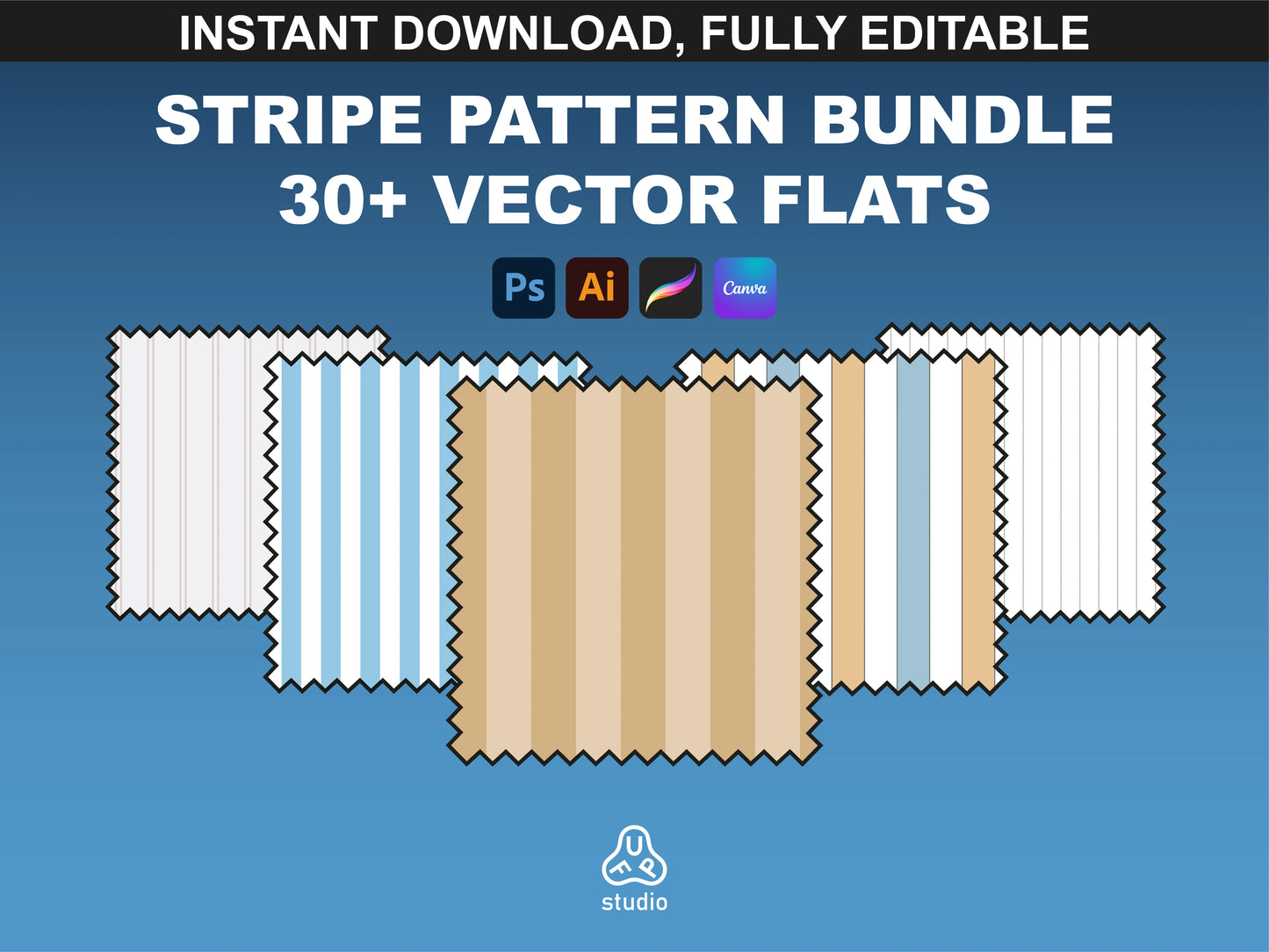 FUPstudio Stripe Pattern Bundle with 30+ vector stripe textures for Procreate, Photoshop, Illustrator, and Canva.