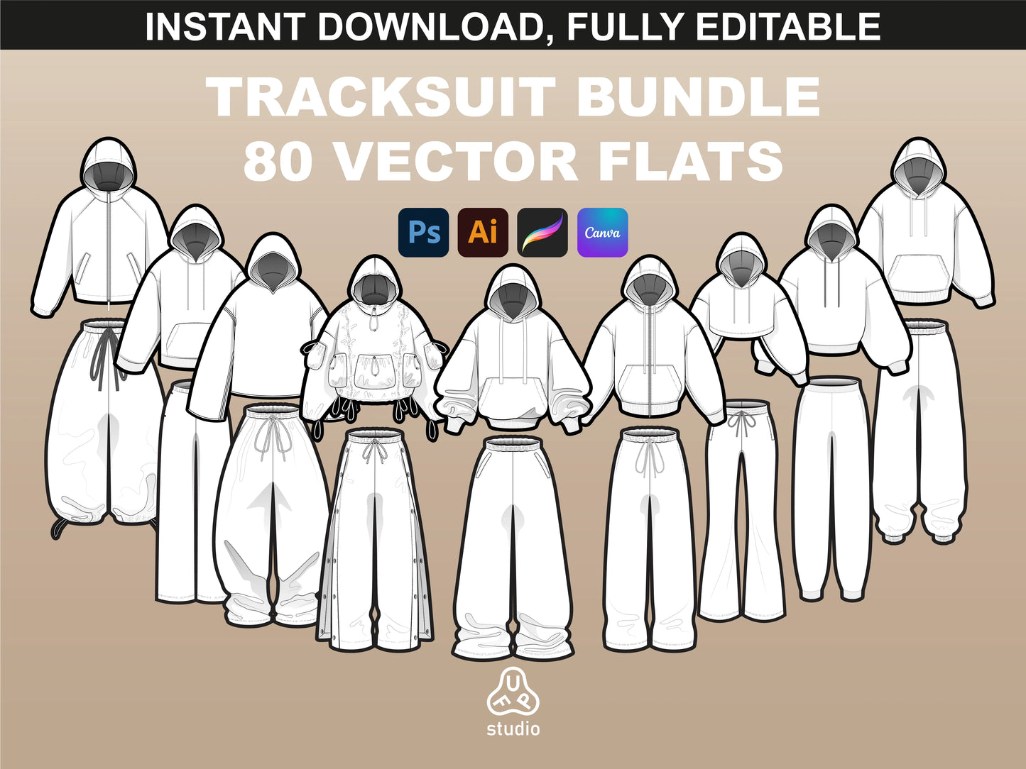 FUPstudio Tracksuit Mockups Bundle - Vector flats showcasing multiple tracksuit designs, including hoodies and joggers.