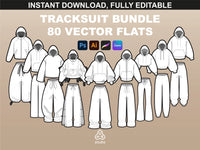 FUPstudio Tracksuit Mockups Bundle - Vector flats showcasing multiple tracksuit designs, including hoodies and joggers.