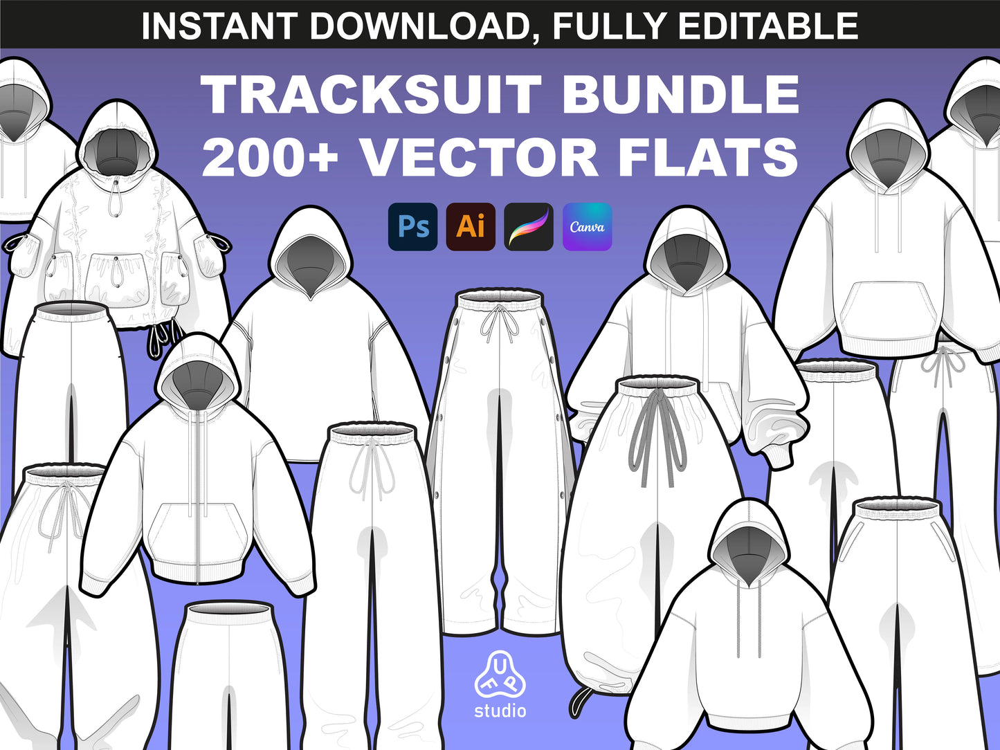 FUPstudio Tracksuit Mockups Bundle preview with hoodie and pants vector mockups for fashion tech pack creation