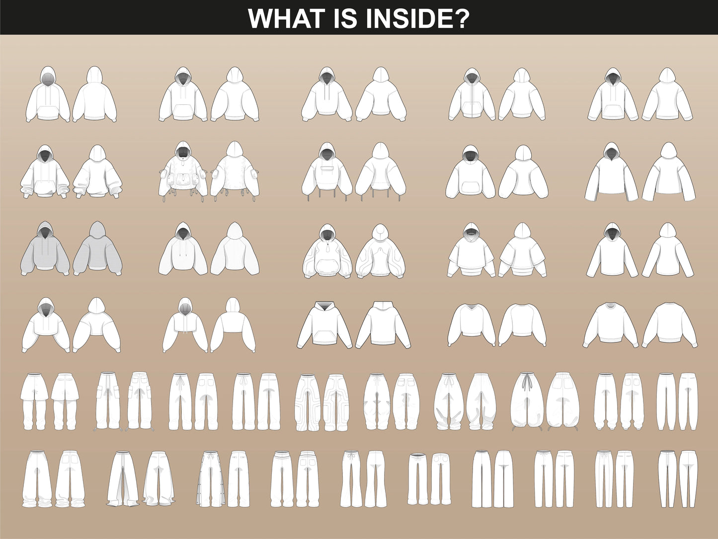 FUPstudio Tracksuit Mockups - Overview of all hoodie and jogger designs included in the vector mockups bundle.