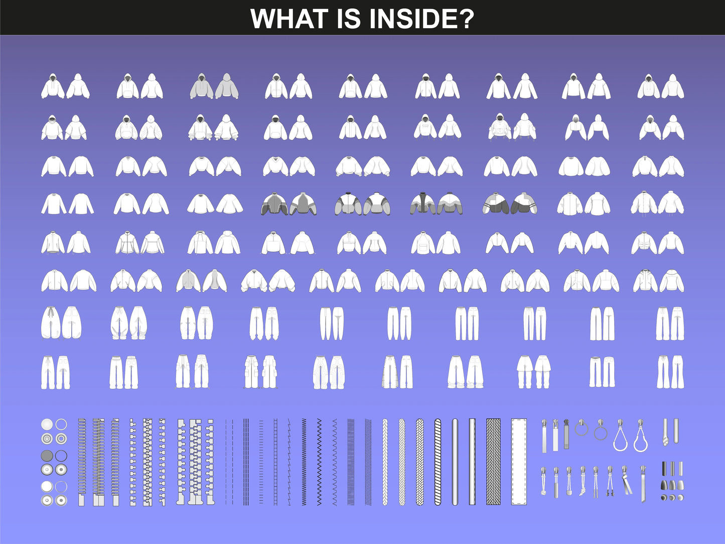 FUPstudio Tracksuit Mockups Bundle technical flats overview, full vector mockups of tracksuit garments front and back