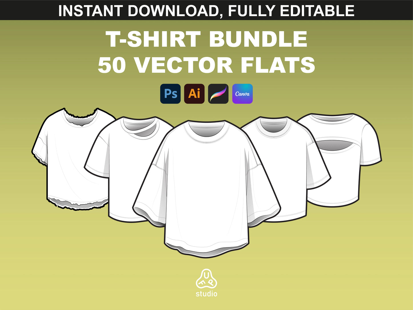 Editable T-Shirt Mockups bundle cover image by FUPstudio with 5 outlined t-shirt designs