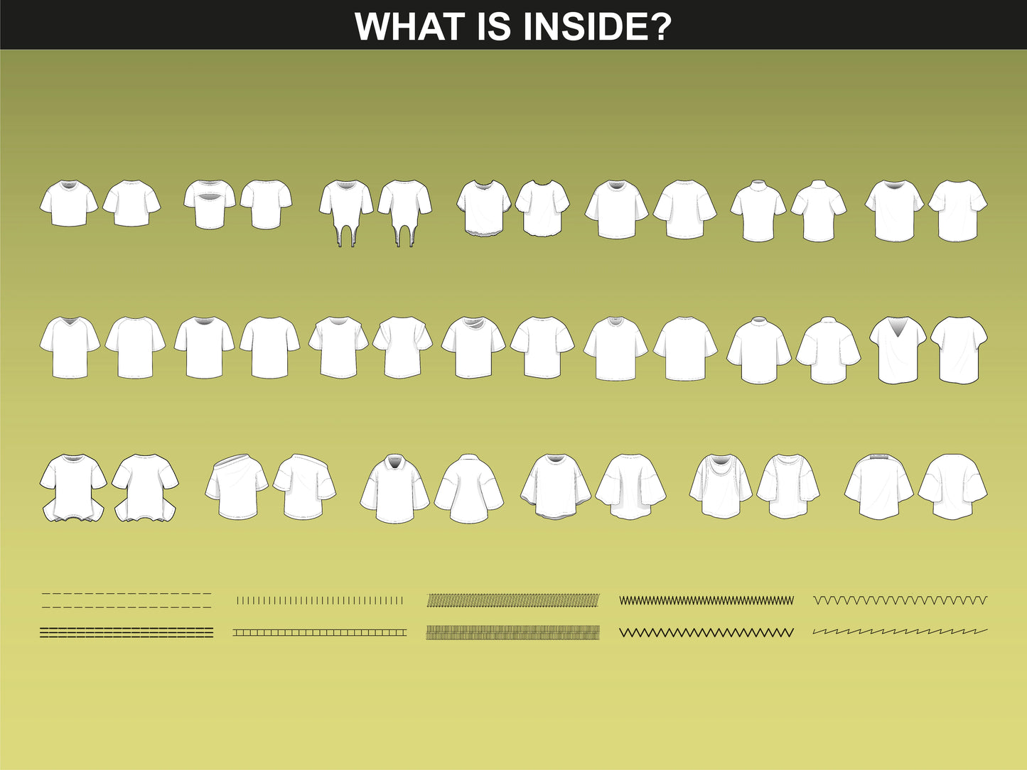 FUPstudio flat sketches showing all included vector T-Shirt Mockups designs, front and back