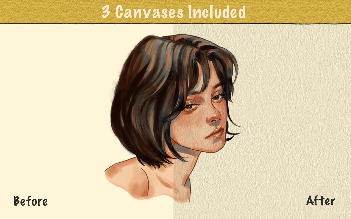 3 paper canvas textures included with FUPstudio Procreate Watercolor Brushes shown on a before and after portrait illustration