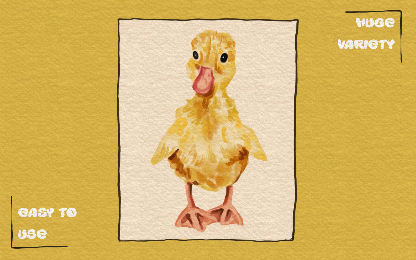 Yellow chick illustration in Procreate demonstrating texture variety with FUPstudio Watercolor Brushes on paper canvas
