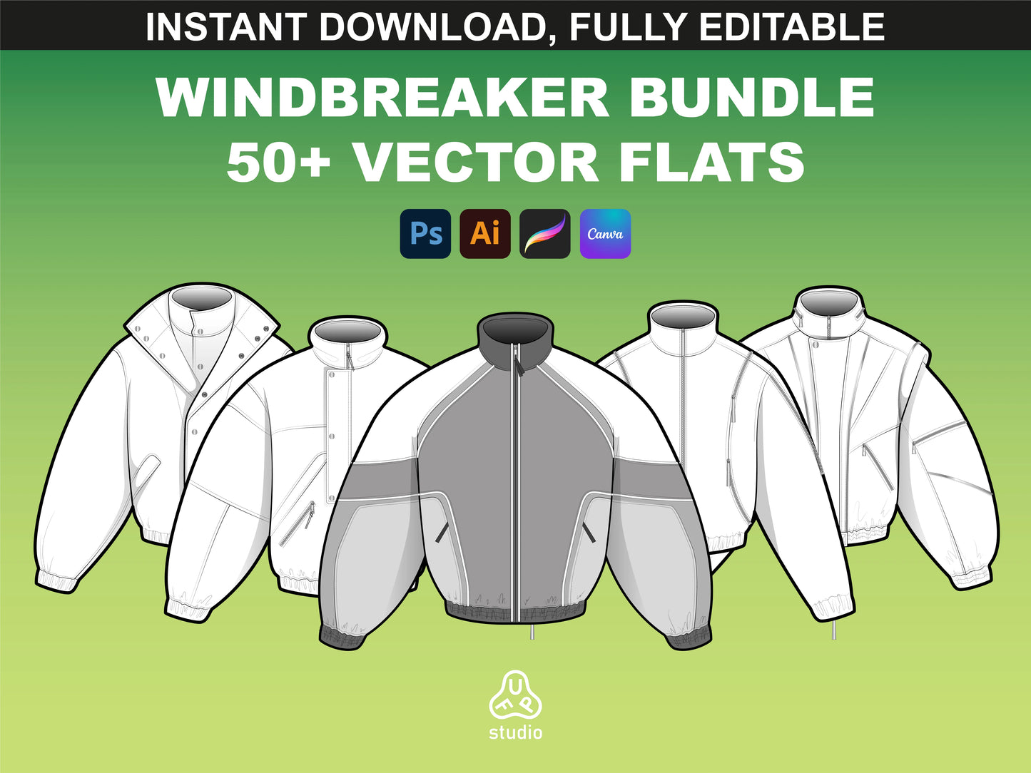 FUPstudio Windbreaker Mockups Bundle featuring 50+ vector flats for fashion designers.