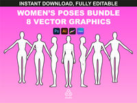 Women's Poses Bundle preview featuring 8 vector-based fashion figure templates for fashion design by FUPstudio.