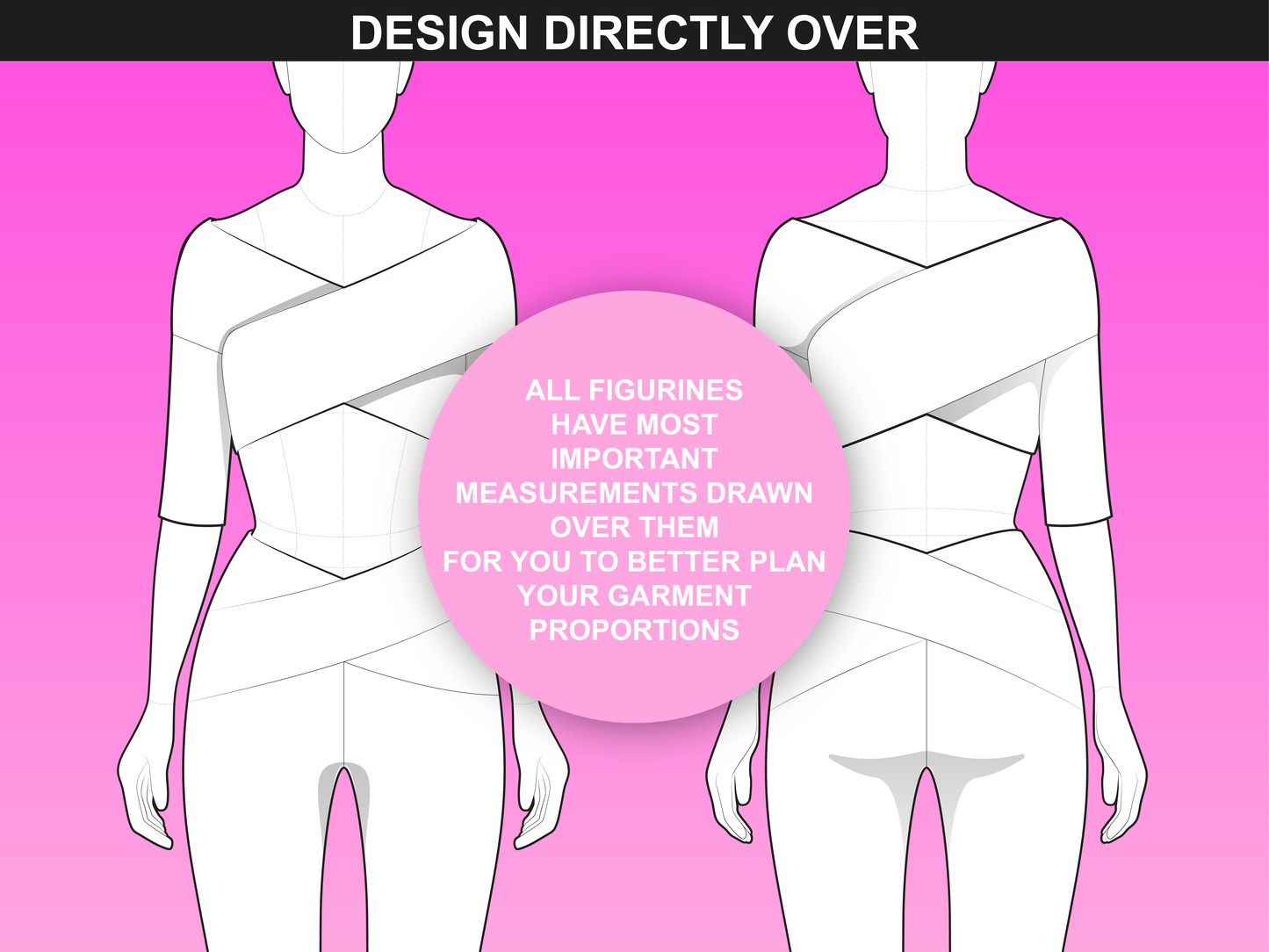 Front and back view of a female fashion template from the Women’s Poses bundle by FUPstudio, for precise garment proportions.