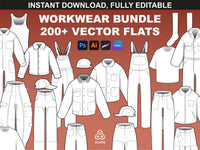 fupstudio workwear mockups bundle overview with vector flats of jackets, pants, overalls, and accessories